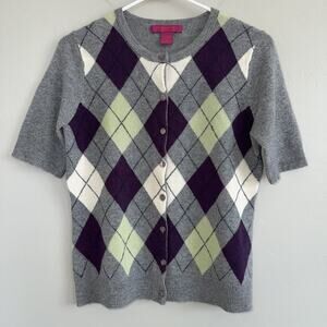 Cashmere Cache Woman’s Button Up Short Sleeve Argyle Sweater Gray Purple Size S